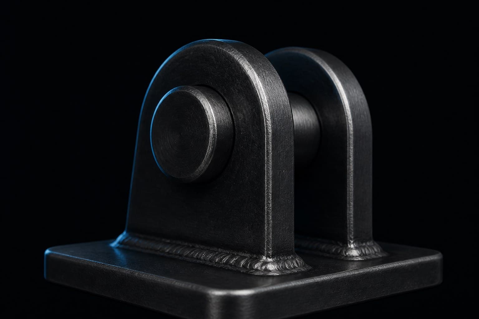 Dark-studio CAD render of a double-plate padeye with pin and base flange