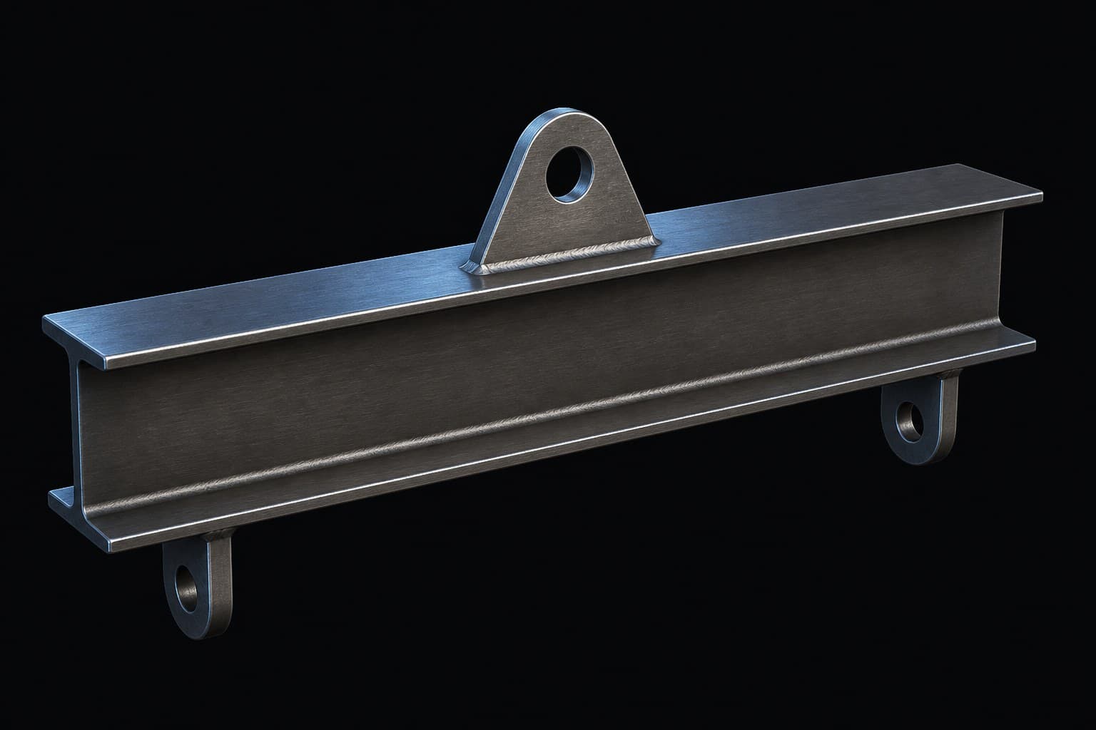 Dark-studio CAD render of a steel lifting beam with top padeye and two bottom lugs