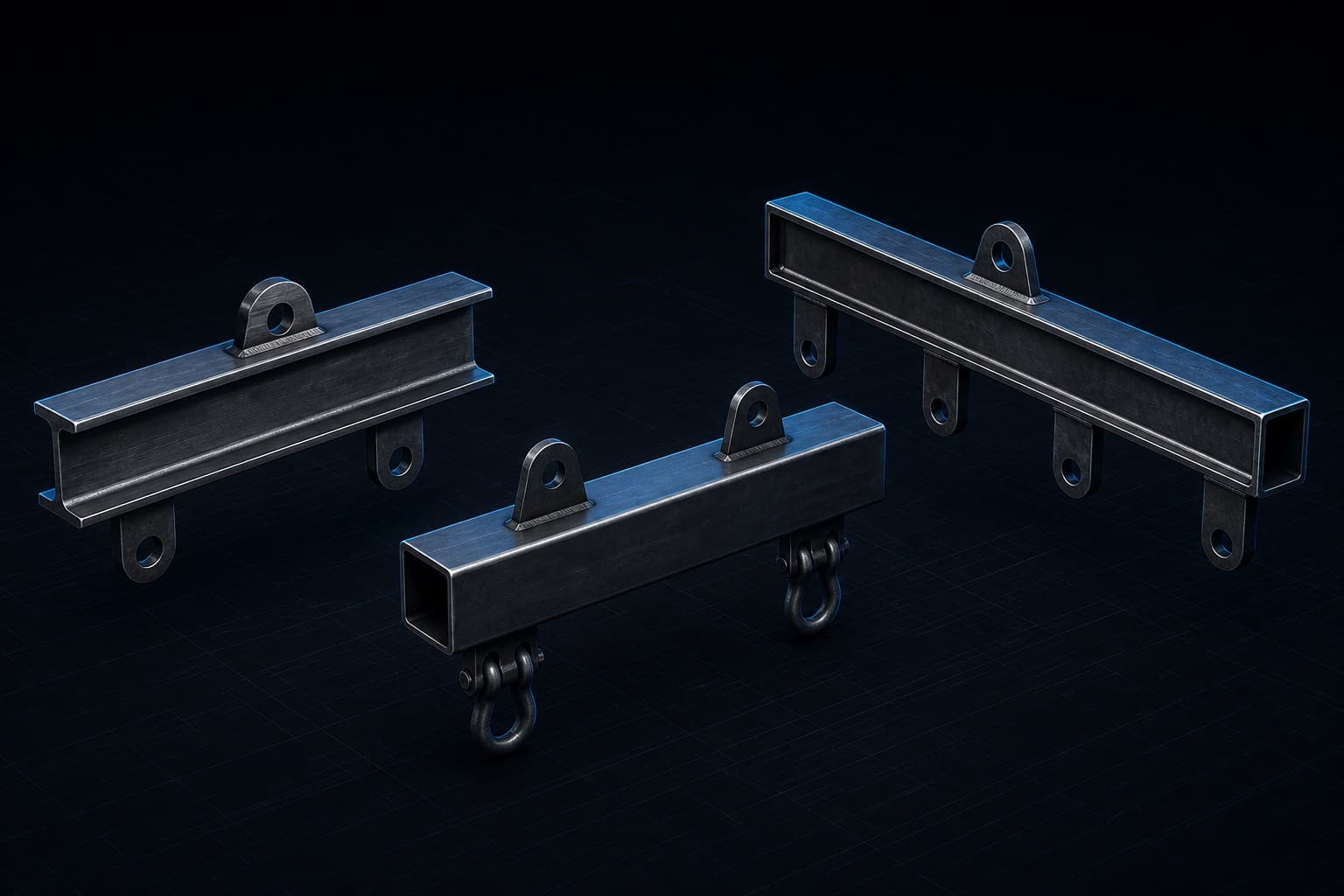 Dark-studio CAD render of lifting, spreader, and four-point steel beams