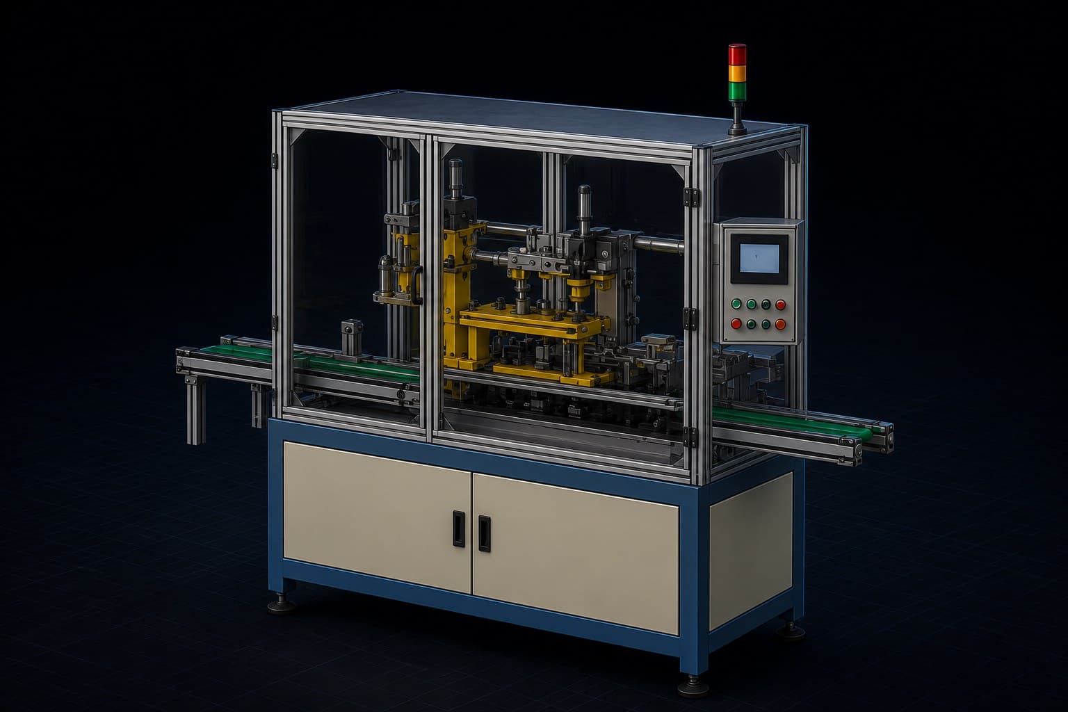 Dark-studio CAD render of a special purpose assembly and pressing machine with safety enclosure and HMI
